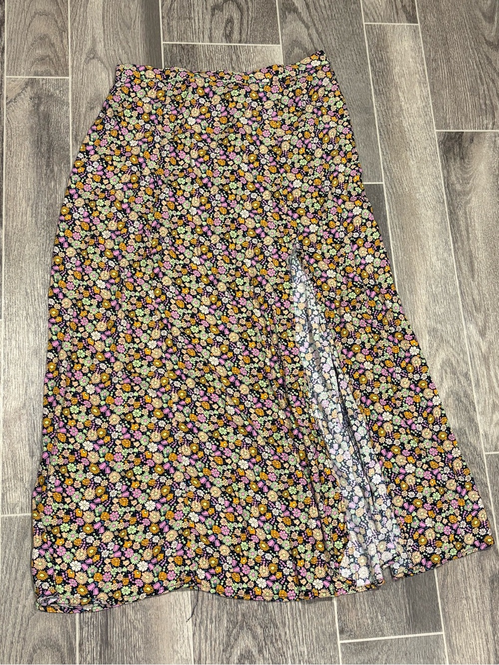 Floral Boho Y2K Midi Skirt in Black with Pink & Yellow Flowers